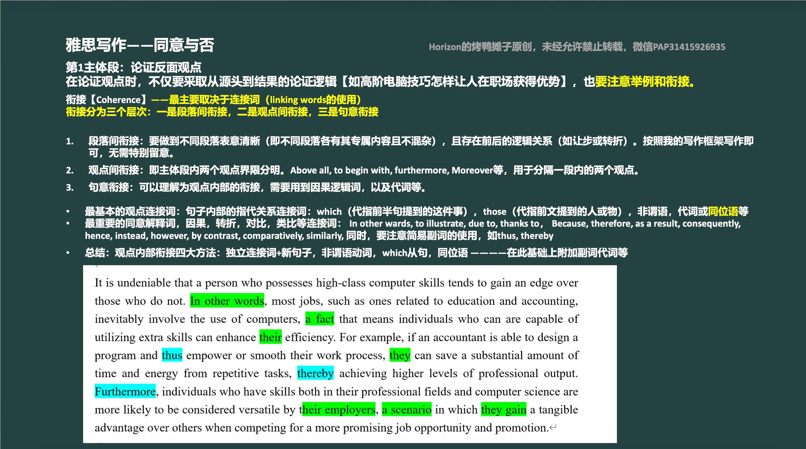 Horizon雅思写作课件中关于观点论证与衔接的内容摘录